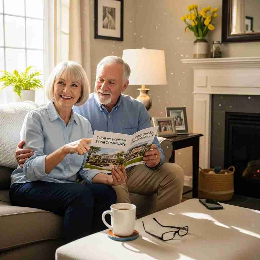 Senior couple discussing plans while reviewing a brochure about living in a 55+ community in a cozy living room, emphasizing the vibrant lifestyle at Leisure World Seal Beach.