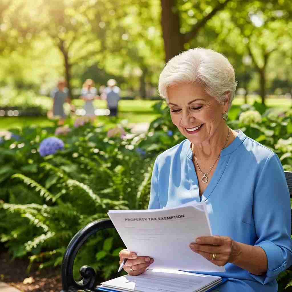 Senior woman reviewing property tax exemption benefits in Leisure World park.