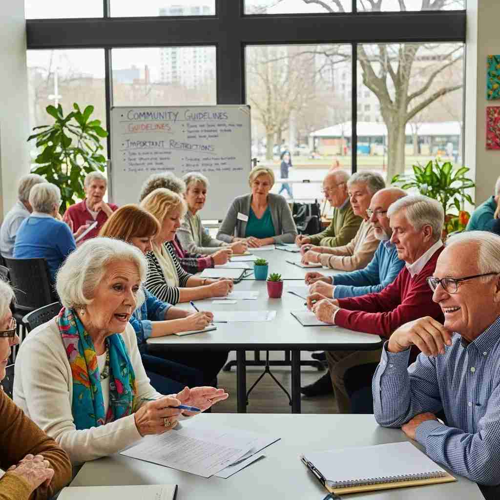Seniors participating in a community meeting discussing active adult community guidelines in Leisure World Seal Beach, with a focus on residency rules and community standards.
