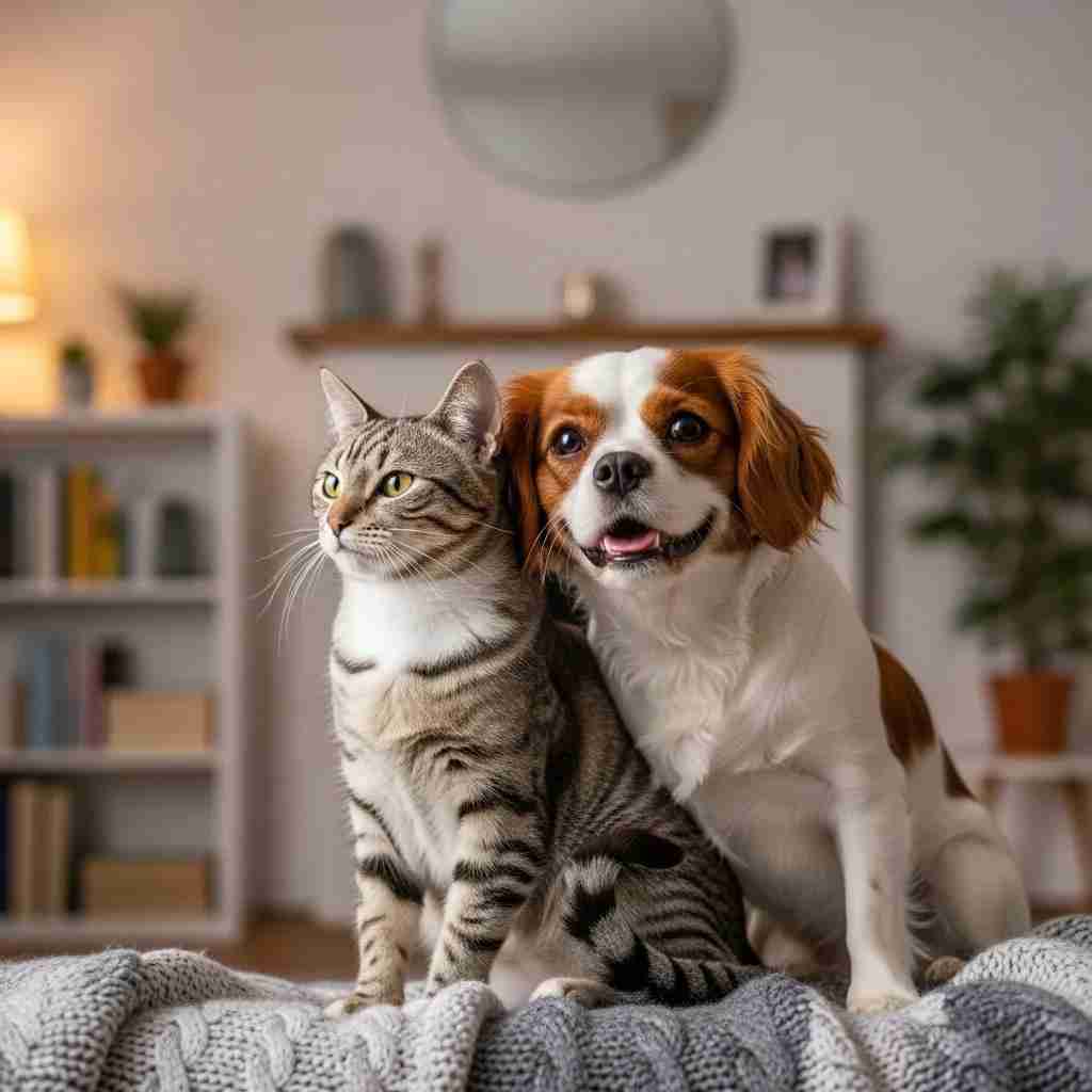 Dog and cat in a cozy home illustrating permitted pets in Leisure World Seal Beach.