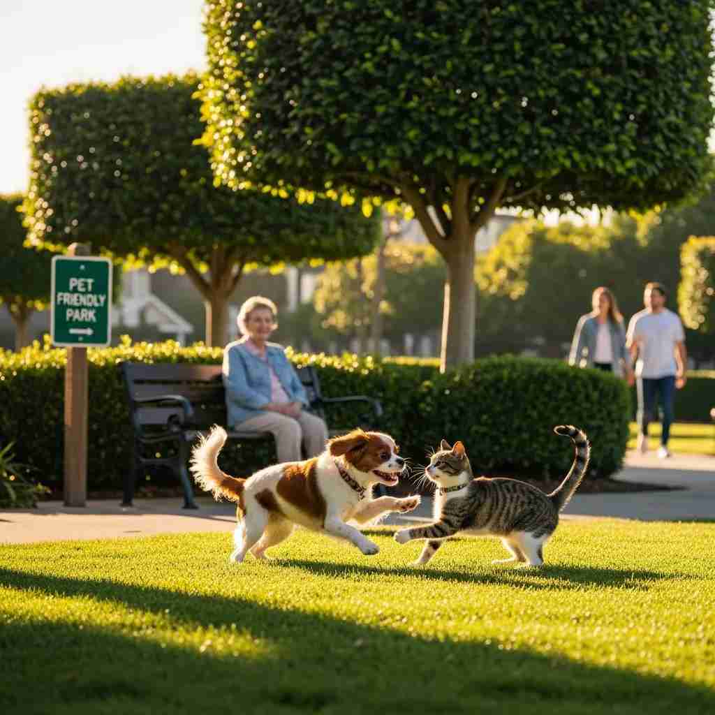 Dog and cat playing in a sunny pet-friendly park, with a woman sitting on a bench and people walking in the background, representing community living and pet regulations in Leisure World Seal Beach.