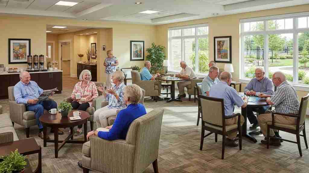 Leisure World Seal Beach community lounge with residents socializing and relaxing.
