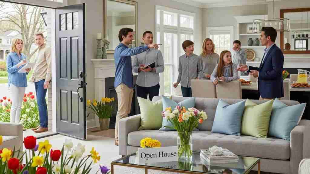 Open house in spring at a staged home with interested buyers