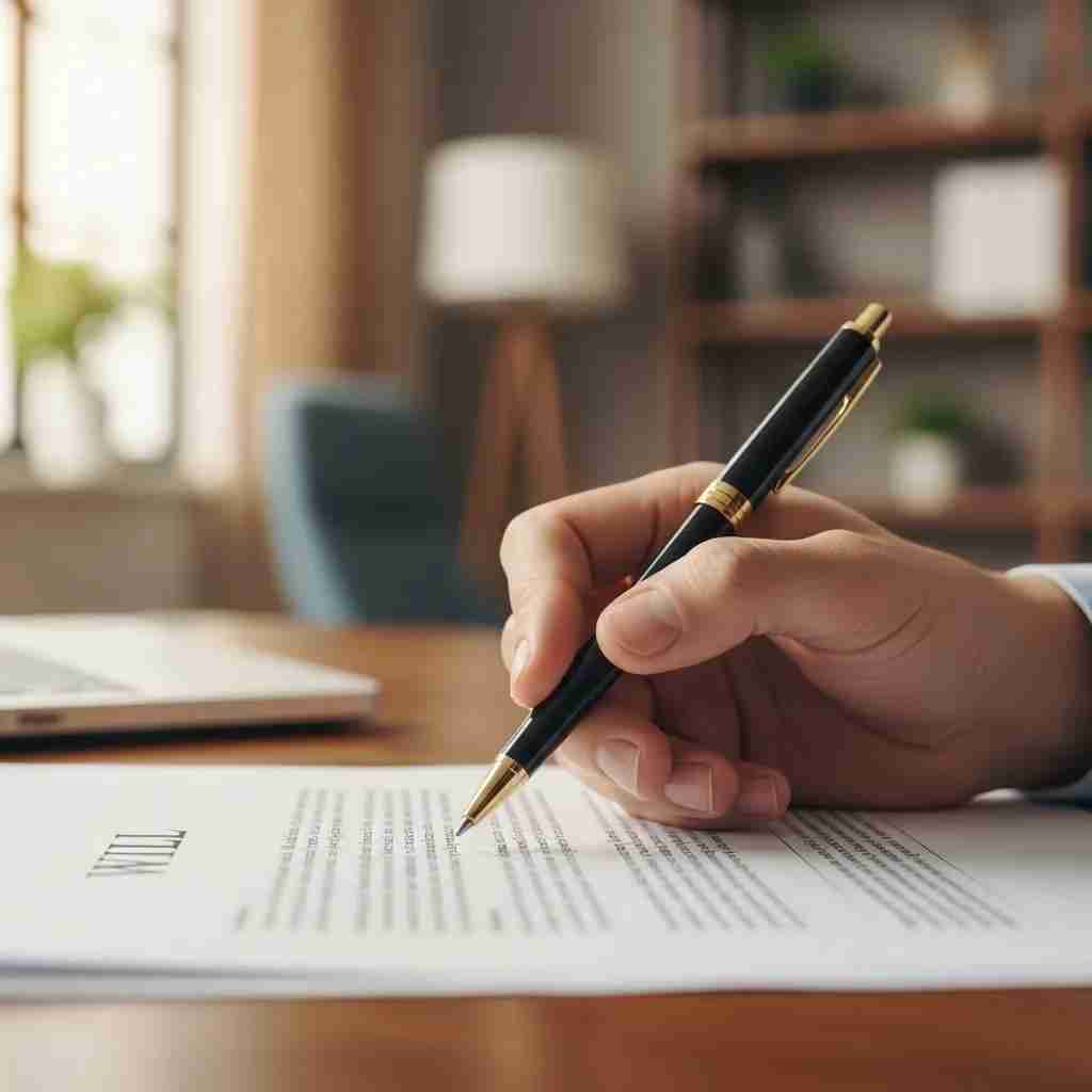 Close-up of a hand holding a pen, preparing to sign a will in a home office setting, emphasizing the importance of estate planning for seniors in Leisure World.