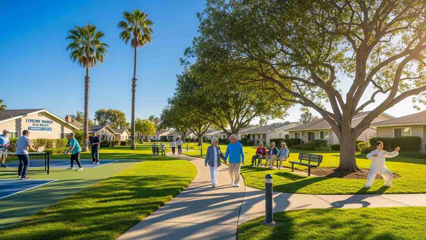 Active seniors enjoying outdoor activities in Leisure World Seal Beach, including walking, playing pickleball, and socializing in a vibrant community setting.