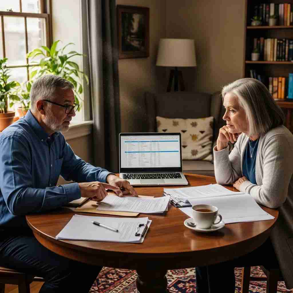 Senior couple discussing estate planning documents in a cozy setting