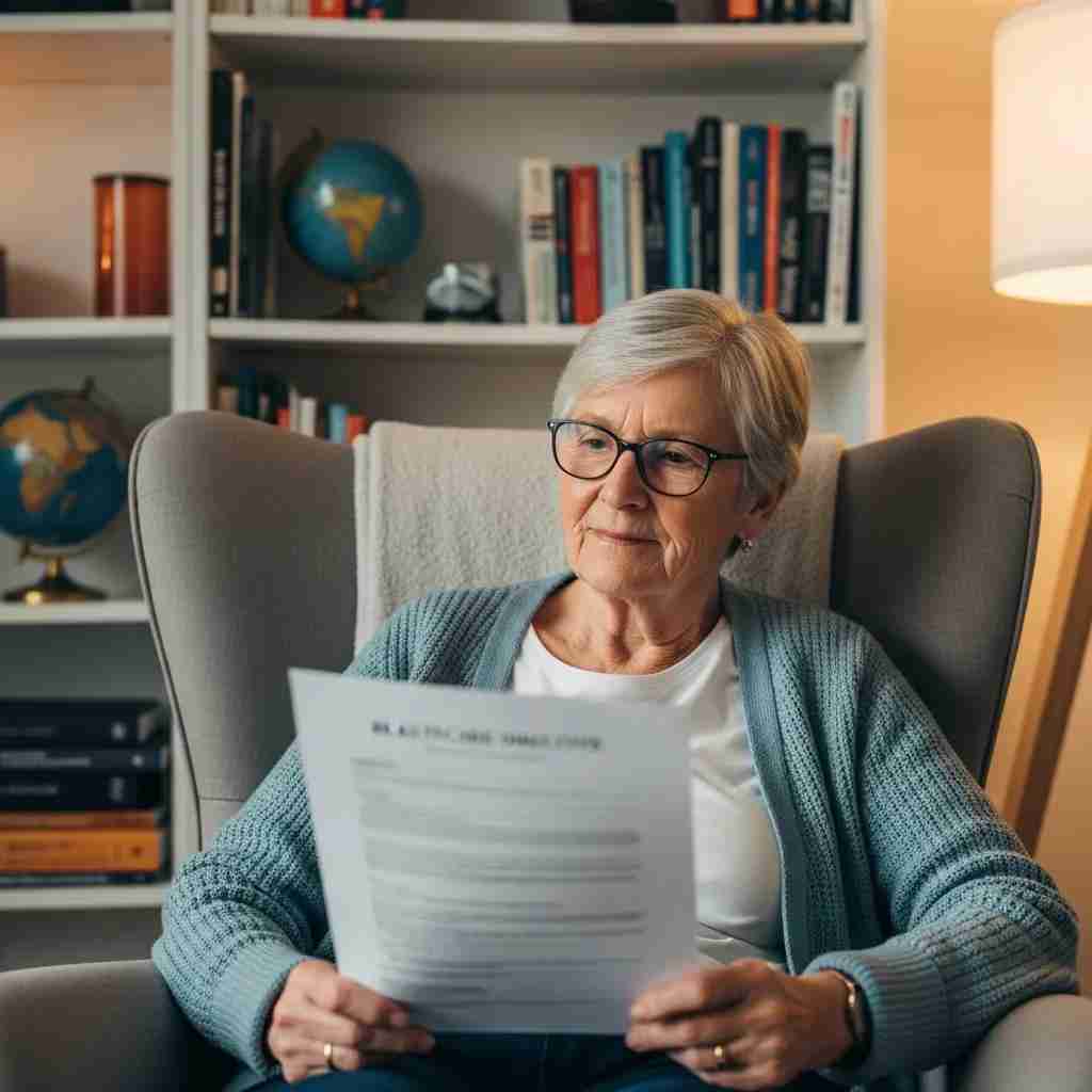 Senior woman reviewing advance healthcare directive in a cozy setting, emphasizing the importance of medical preferences in estate planning for seniors.