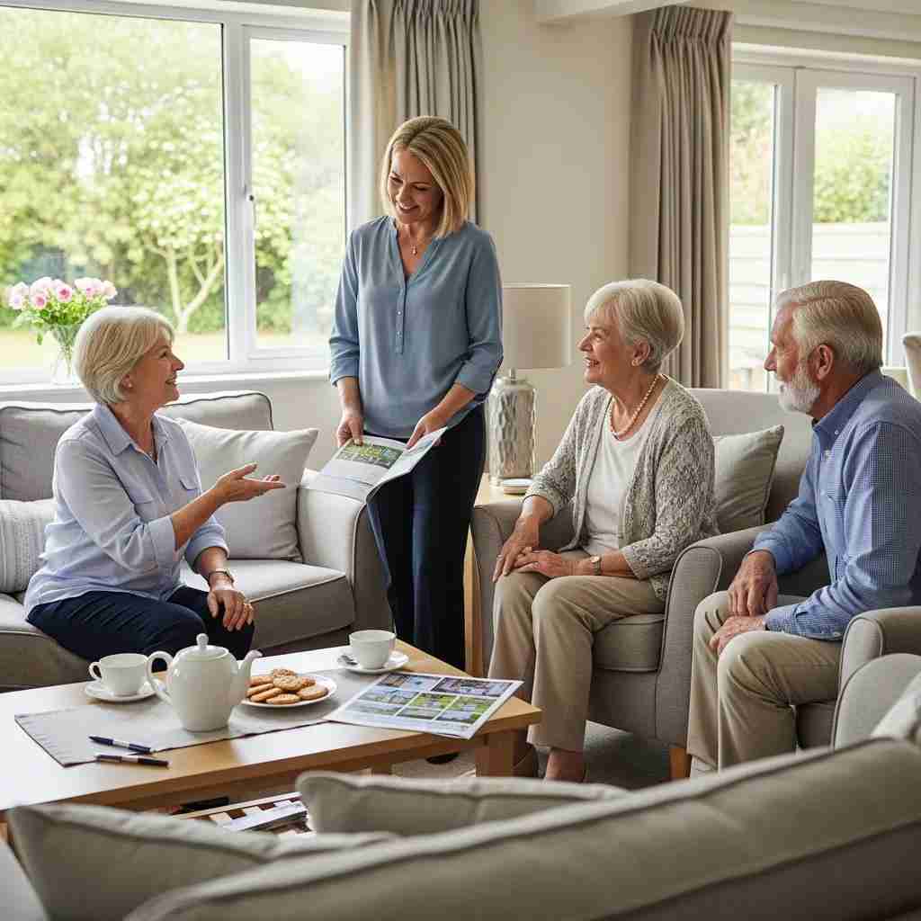 Seniors discussing home buying characteristics with a real estate agent in a comfortable Leisure World setting.