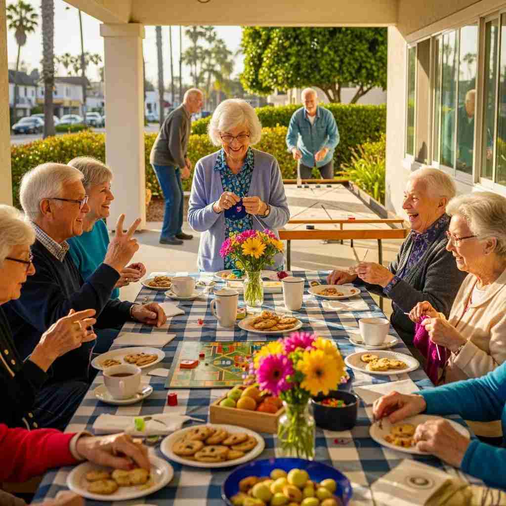 Seniors enjoying community activities in Leisure World Seal Beach, engaging in games and sharing cookies, surrounded by flowers and a vibrant social atmosphere.