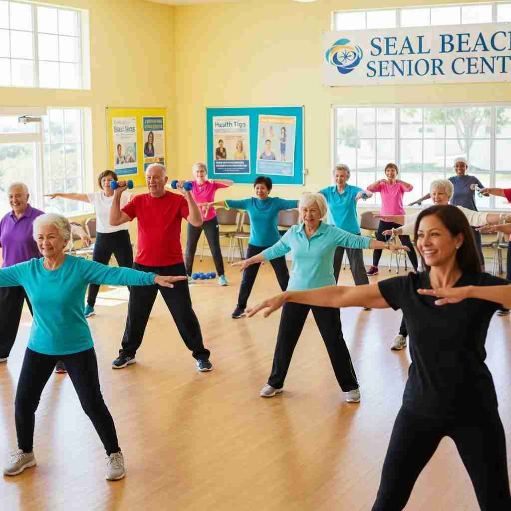 Seniors participating in a fitness class at the Seal Beach Senior Center promoting health and wellness.