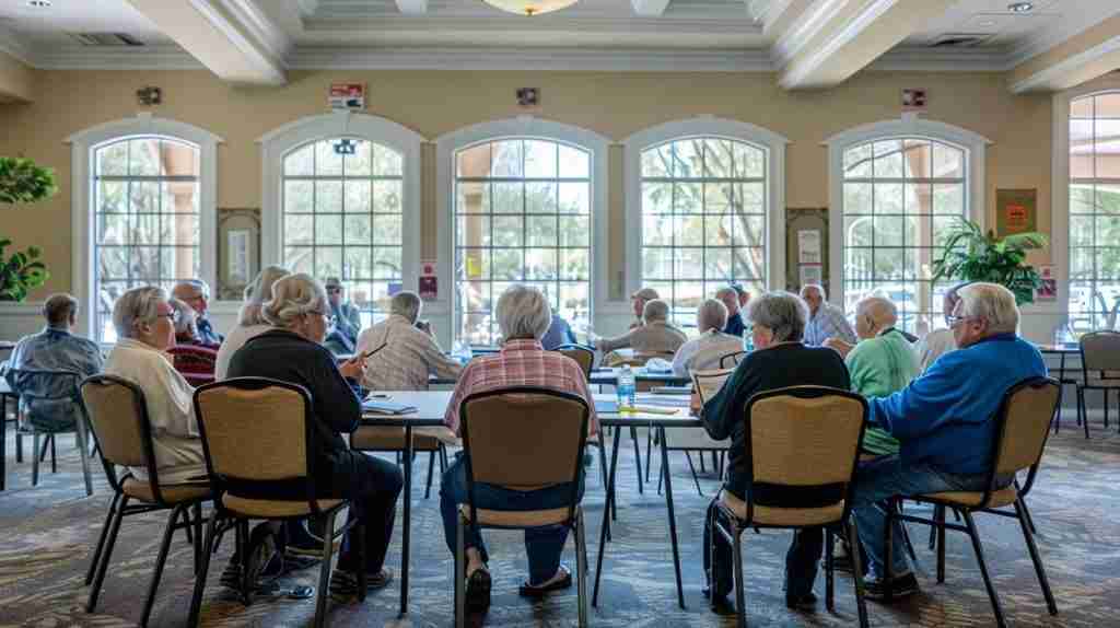 Leisure World Seal Beach residents in a meeting room, showcasing community life and mutual governance.