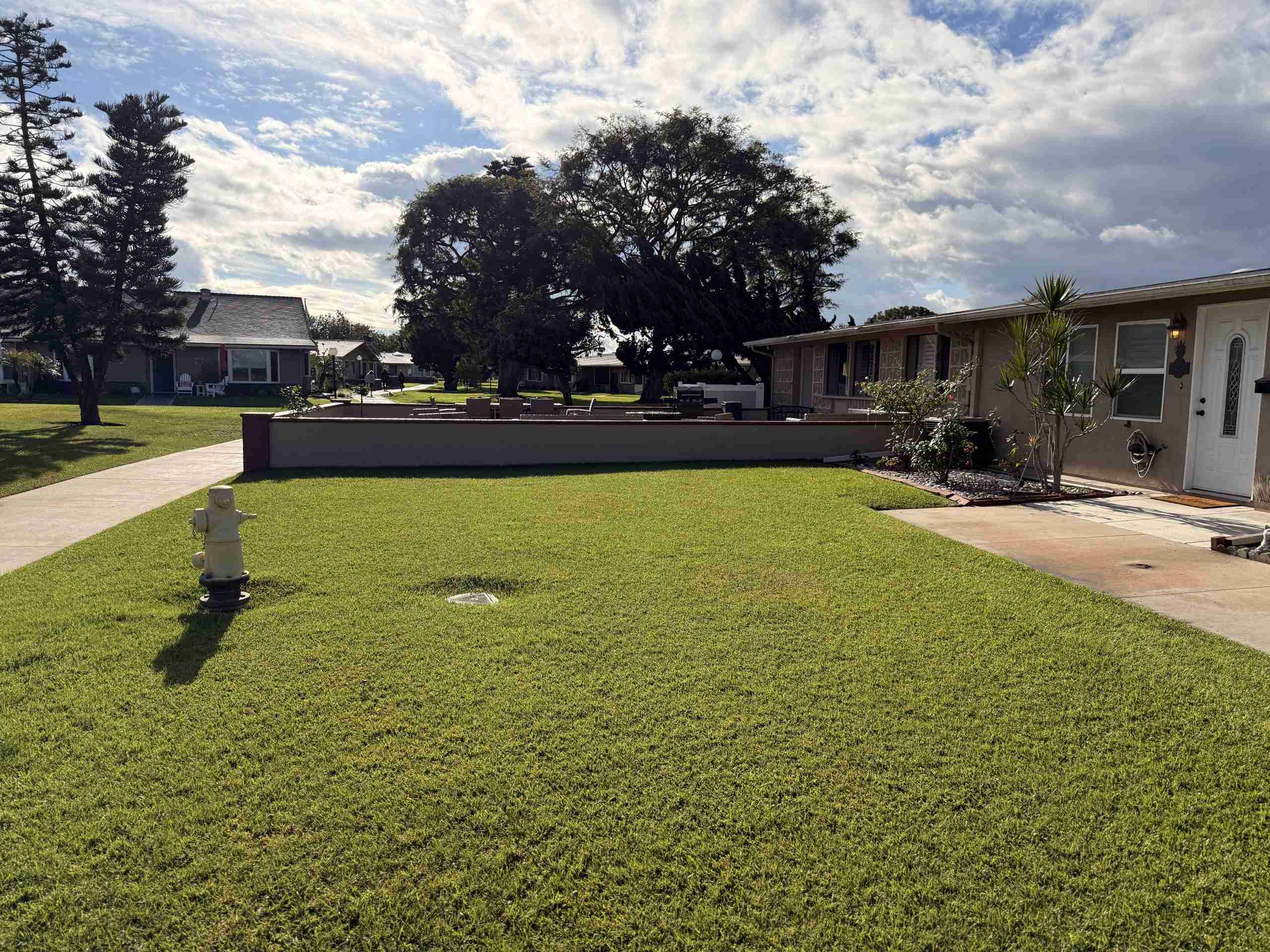 Lush green lawn and well-maintained home in Leisure World Seal Beach 55+ community.