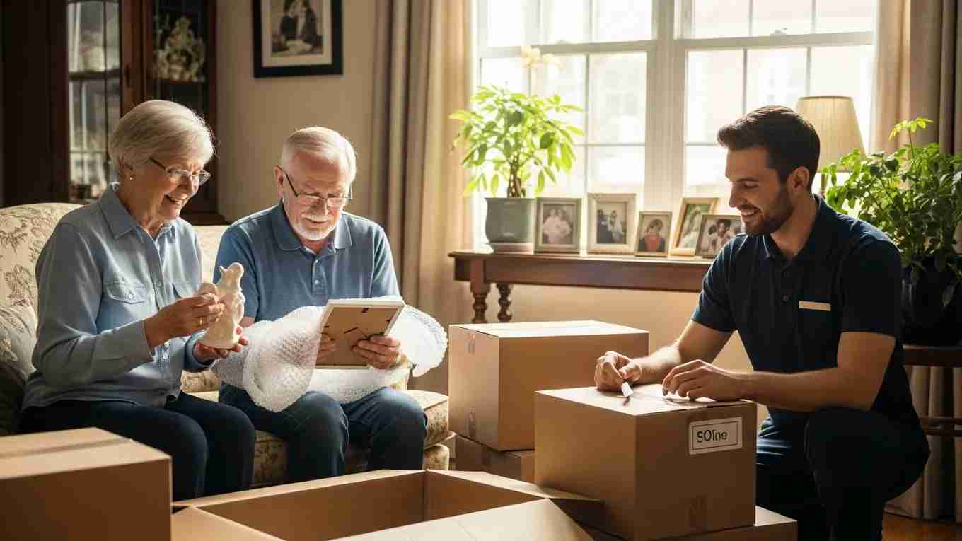 Senior couple receiving moving assistance in a cozy living room, Leisure Living Resales relocation services.