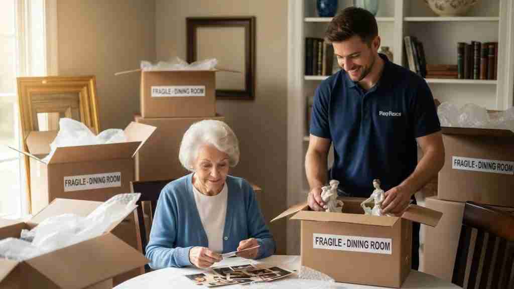 Senior sorting belongings with a moving professional assisting