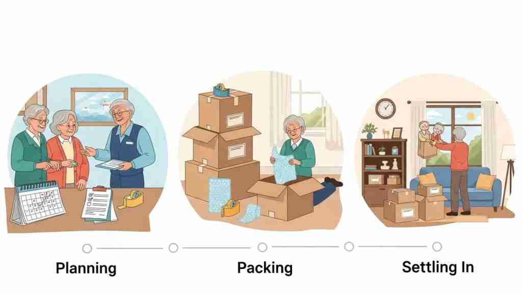 Illustration of the steps involved in a senior relocation process