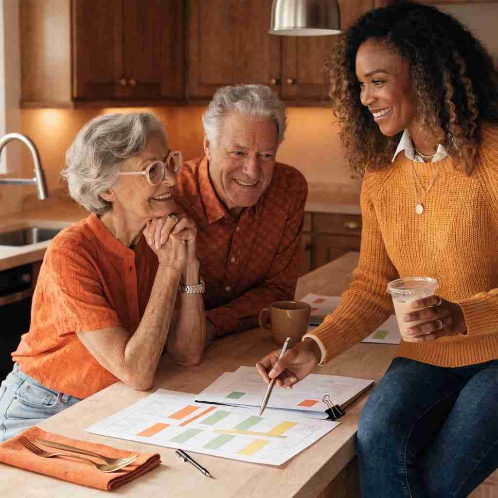 Real estate agent assisting seniors in the process of purchasing a home in Mutual 8