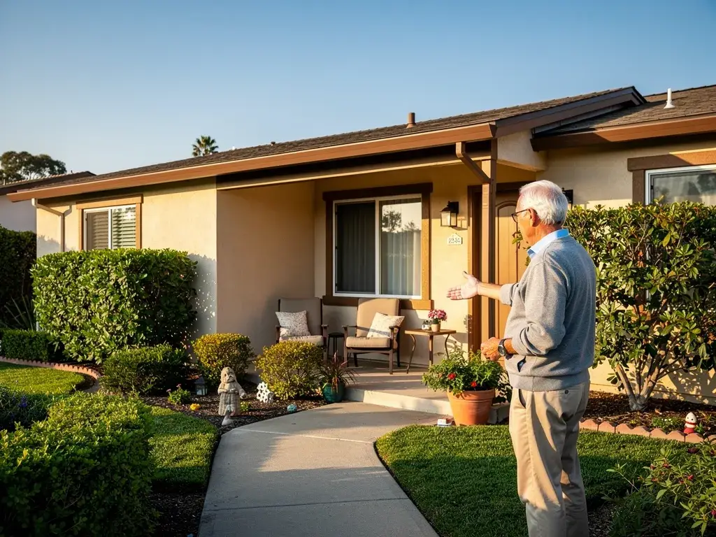 Man standing outside Leisure World home, illustrating property ownership and active adult living in Seal