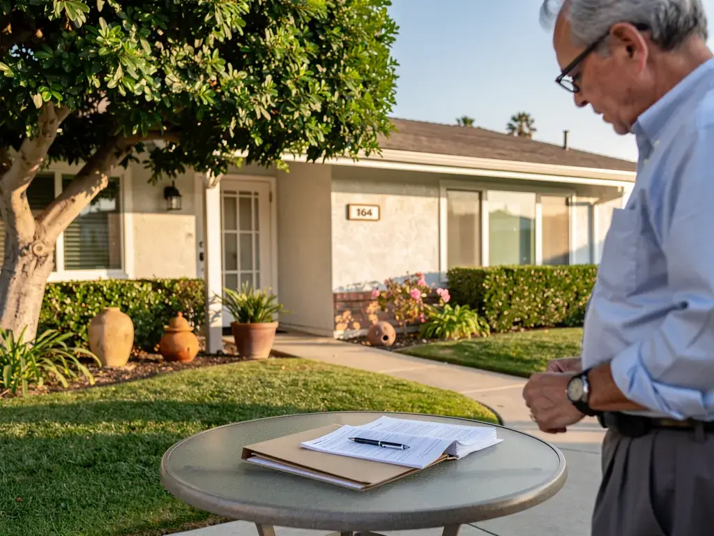 Man checking watch in front of Mutual 12 home, Seal Beach, CA, with documents on
