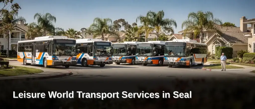 Eight distinctly marked white, orange, and blue buses form the dedicated shuttle fleet serving Leisure